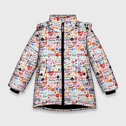 Куртка зимняя для девочки INSCRIPTIONS IN ENGLISH, цвет: 3D-черный