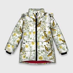 Куртка зимняя для девочки Цветы Жёлтые С Птицами, цвет: 3D-красный
