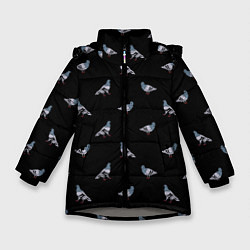 Куртка зимняя для девочки Голуби на черном паттерн, цвет: 3D-светло-серый