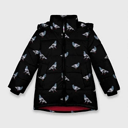 Куртка зимняя для девочки Голуби на черном паттерн, цвет: 3D-красный