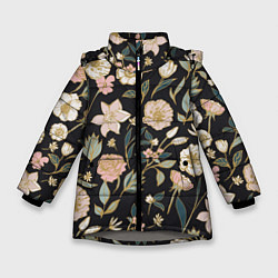 Зимняя куртка для девочки Цветы Астры На Чёрном Фоне