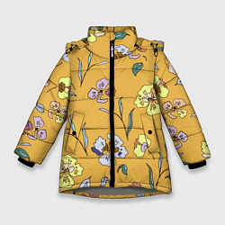 Куртка зимняя для девочки Цветы Нарисованные На Золотом Фоне, цвет: 3D-светло-серый