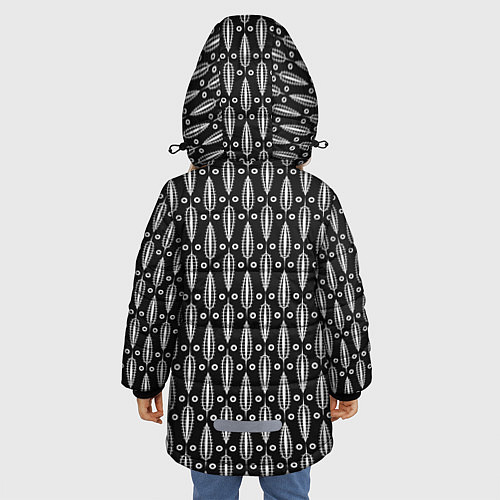 Зимняя куртка для девочки Черно-белый современный модный узор листья / 3D-Черный – фото 4