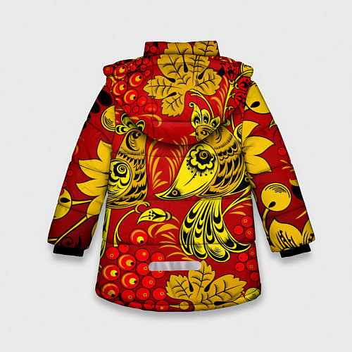 Зимняя куртка для девочки Хохломская Роспись Две Птици На Красном Фоне / 3D-Черный – фото 2