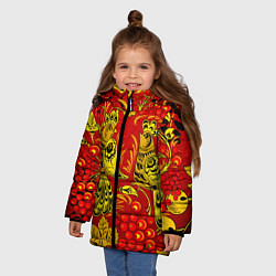 Куртка зимняя для девочки Хохломская Роспись Две Птици На Красном Фоне, цвет: 3D-красный — фото 2