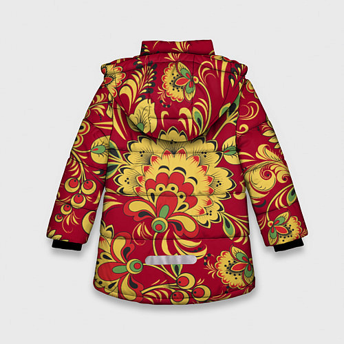 Зимняя куртка для девочки Хохломская Роспись Цветы На красном Фоне / 3D-Светло-серый – фото 2