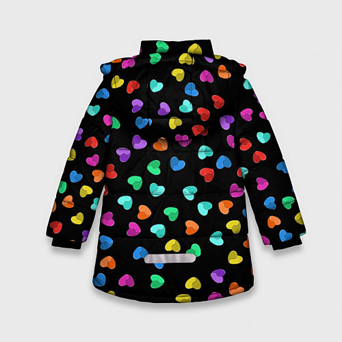 Зимняя куртка для девочки Сердечки разноцветные на черном / 3D-Светло-серый – фото 2