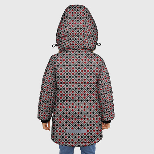 Зимняя куртка для девочки Красный, черный квадраты на гранжевом сером / 3D-Светло-серый – фото 4