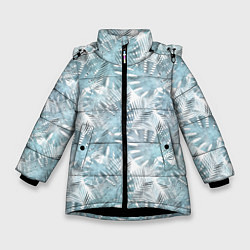 Куртка зимняя для девочки Голубые листья пальмы на белом, цвет: 3D-черный