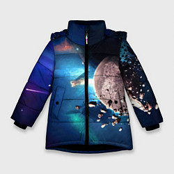 Куртка зимняя для девочки Космическое столкновение объектов, цвет: 3D-черный