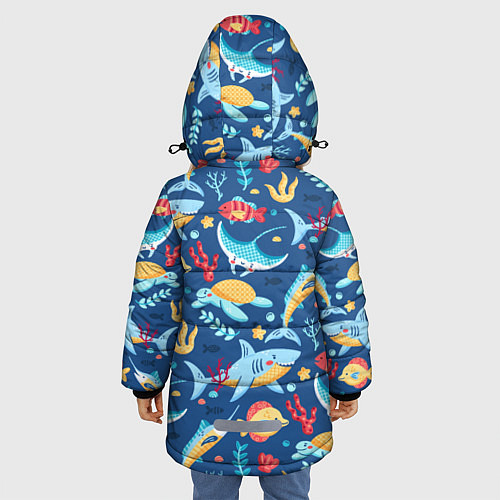 Зимняя куртка для девочки Акула, скат и другие обитатели океана - лето / 3D-Черный – фото 4