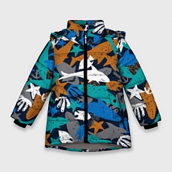 Куртка зимняя для девочки Акула и другие обитатели океана, цвет: 3D-светло-серый