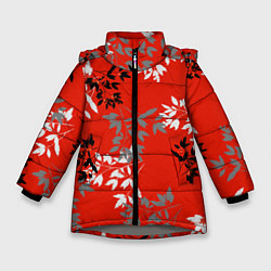 Зимняя куртка для девочки Черные и серые ветки на красном фоне в японском ст