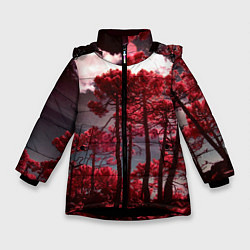 Куртка зимняя для девочки Абстрактные красные деревья и облака, цвет: 3D-черный