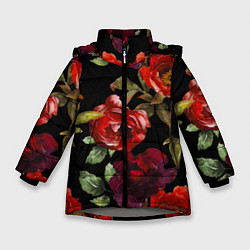 Зимняя куртка для девочки Цветы Нарисованные Розы На Чёрном Фоне