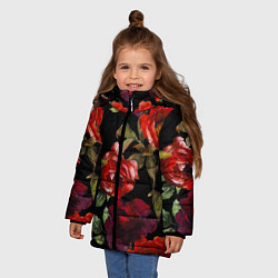Куртка зимняя для девочки Цветы Нарисованные Розы На Чёрном Фоне, цвет: 3D-светло-серый — фото 2