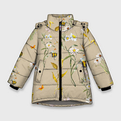 Куртка зимняя для девочки Нарисованные Цветы Ромашки и Пчёлы, цвет: 3D-светло-серый