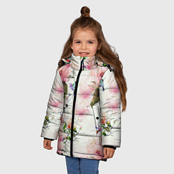Куртка зимняя для девочки Цветы Нарисованные Магнолии и Разноцветные Птицы, цвет: 3D-черный — фото 2