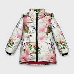 Зимняя куртка для девочки Цветы Нарисованные Магнолии и Разноцветные Птицы
