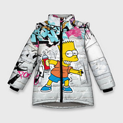 Куртка зимняя для девочки Барт Симпсон на фоне стены с граффити, цвет: 3D-светло-серый