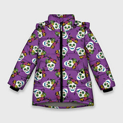 Куртка зимняя для девочки Сахарные черепа на фиолетовом паттерн, цвет: 3D-светло-серый