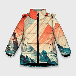 Куртка зимняя для девочки Иллюстрация ретро пейзаж, цвет: 3D-черный
