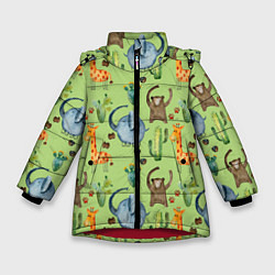 Куртка зимняя для девочки Африканские животные - слон обезьянка жираф, цвет: 3D-красный