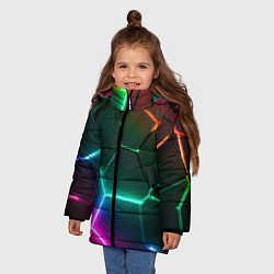 Куртка зимняя для девочки Радужный градиент неоновые геометрические плиты, цвет: 3D-черный — фото 2