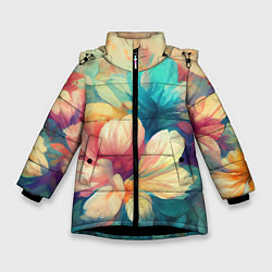 Куртка зимняя для девочки Цветочный букет нарисованный маслом, цвет: 3D-черный