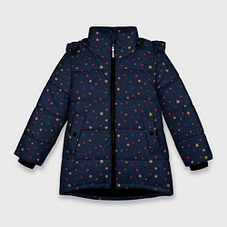 Зимняя куртка для девочки Золотые, красные, синие звезды на темно синем