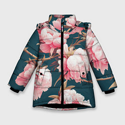 Куртка зимняя для девочки Элегантные бутоны пионов, цвет: 3D-черный