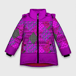 Зимняя куртка для девочки Малиновый комбинированный узор пэчворк