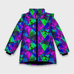 Куртка зимняя для девочки Неоновый абстрактный геометрический узор, цвет: 3D-черный