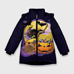 Куртка зимняя для девочки Чёрный котёнок и тыквы, цвет: 3D-черный