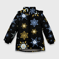 Куртка зимняя для девочки Новый год снежинки на чёрном фоне, цвет: 3D-светло-серый