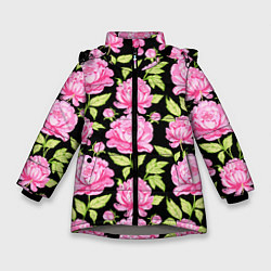 Зимняя куртка для девочки Розовые пионы на черном
