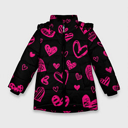 Куртка зимняя для девочки Розовые сердца, цвет: 3D-черный