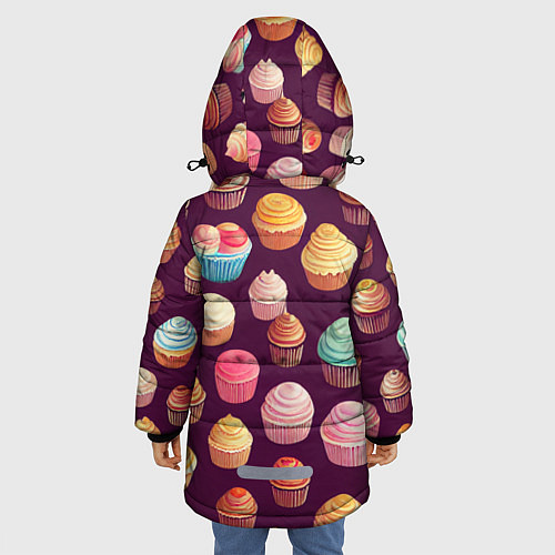 Зимняя куртка для девочки Много нарисованных капкейков / 3D-Черный – фото 4