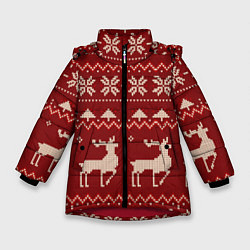 Куртка зимняя для девочки Узоры новогодние : Олени, цвет: 3D-красный