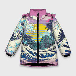 Куртка зимняя для девочки Штормовые океанские волны и пальмы, цвет: 3D-черный