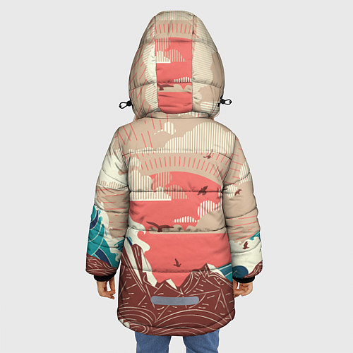 Зимняя куртка для девочки Большие океанские волны и скалистый остров на зака / 3D-Черный – фото 4
