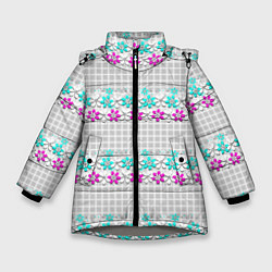 Куртка зимняя для девочки Цветочный узор бирюзово-розовый на сером клетчатом, цвет: 3D-светло-серый