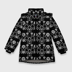 Куртка зимняя для девочки Черно-белый цветочный полосатый ретро узор, цвет: 3D-светло-серый