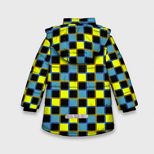 Зимняя куртка для девочки Желто-синий клетчатый яркий неоновый узор / 3D-Светло-серый – фото 2