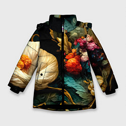 Куртка зимняя для девочки Винтажные цветы акварелью, цвет: 3D-черный