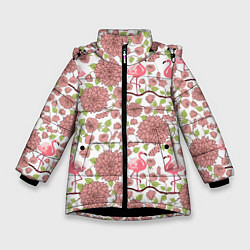 Куртка зимняя для девочки Фламинго и лотосы, цвет: 3D-черный