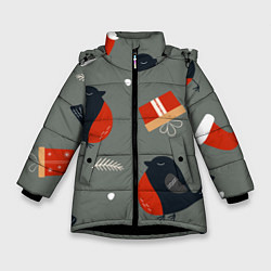 Куртка зимняя для девочки Новогодние снегири, цвет: 3D-черный