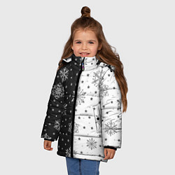 Куртка зимняя для девочки Рождественские снежинки на черно-белом фоне, цвет: 3D-светло-серый — фото 2