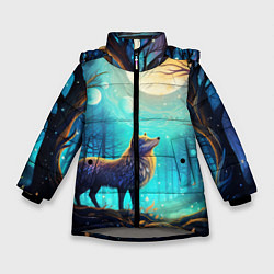 Куртка зимняя для девочки Волк в ночном лесу в folk art стиле, цвет: 3D-светло-серый