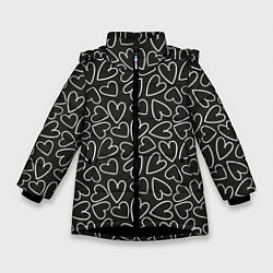 Куртка зимняя для девочки Белые сердечки на черном фоне, цвет: 3D-черный